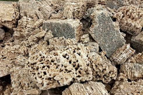 Kamenclub.ru: Крымский природный меотис фр. 100-500 мм.  купить в Воронеже меотис бежевый рыжий молочный желтый ракушечник 4 500 руб/т   фото КАМЕНЬ КЛУБ